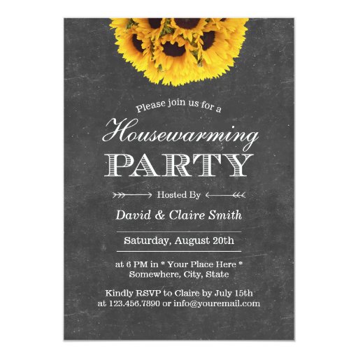 Country Sunflowers Chalkboard Housewarming Party 5x7 Paper Invitation Card (front side)