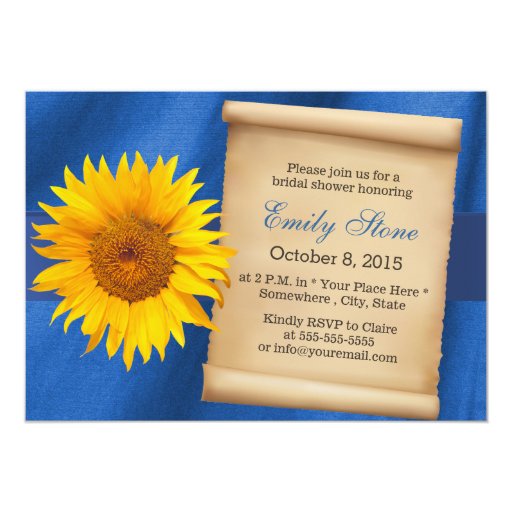 Sunflower Royal Blue Fabric Bridal Shower 5x7 Paper Invitation Card