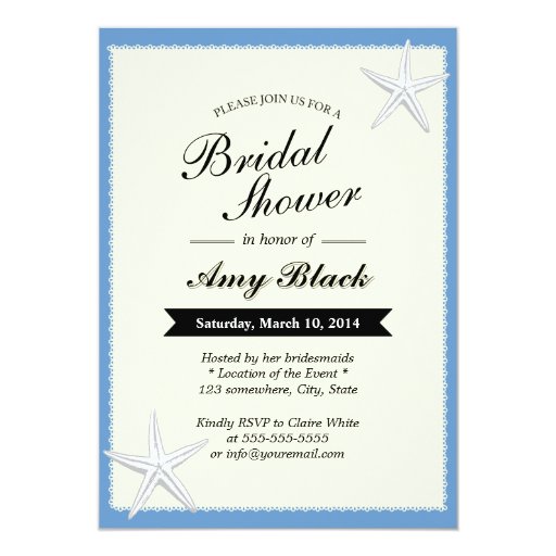 Blue Lace Border Starfish Bridal Shower Invitation 5" X 7" Invitation Card