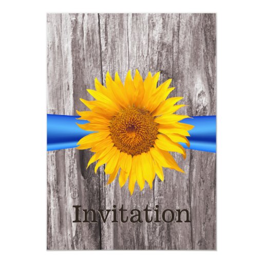 Rustic Sunflower Blue Ribbon Wood Bridal Shower 5x7 Paper Invitation Card