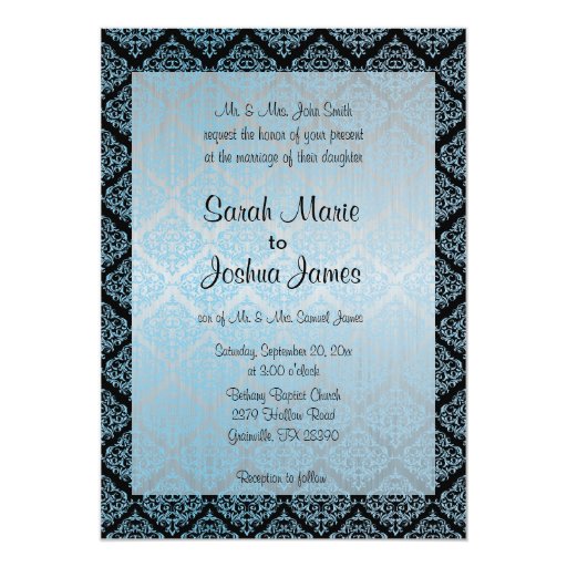 Modern Trendy Wedding in a Aqua Blue Damask 5x7 Paper Invitation Card (front side)