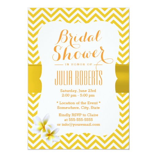 Classy Yellow Chevron Plumeria Bridal Shower 5x7 Paper Invitation Card