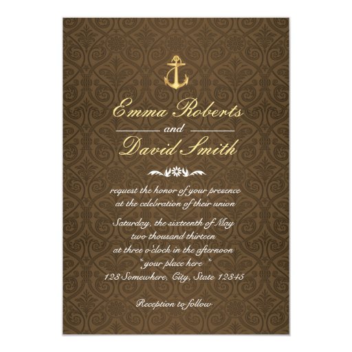 Classy Gold Anchor Brown Damask Wedding Invitation 5" X 7" Invitation Card
