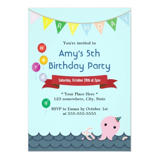Cute Happy Octopus Baby Blue Birthday Invitations 5" X 7" Invitation Card (front side)