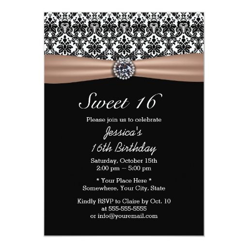 Classy Ribbon & Damask Diamond Sweet 16 5x7 Paper Invitation Card (front side)