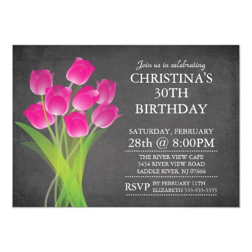 Modern Chalkboard Typographic Tulip Birthday Party 5x7 Paper Invitation Card