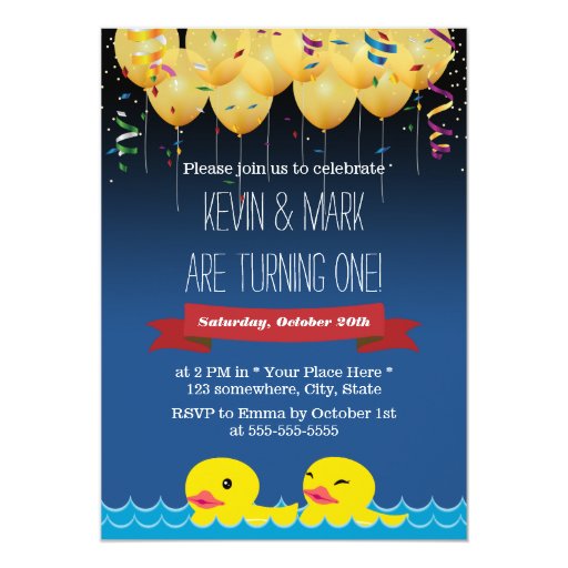 Confetti & Balloons & Duck Twins Birthday 5x7 Paper Invitation Card (front side)