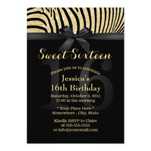 Gold Zebra Stripes Modern Sweet 16 5x7 Paper Invitation Card (front side)