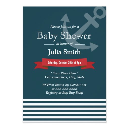 Nautical Anchor Navy Blue Baby Shower Invitations 5" X 7" Invitation Card (front side)