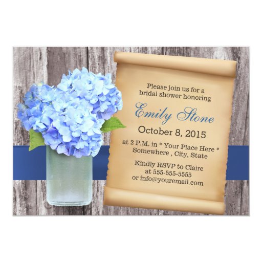 Classy Blue Hydrangea & Mason Jar Bridal Shower 5x7 Paper Invitation Card (front side)