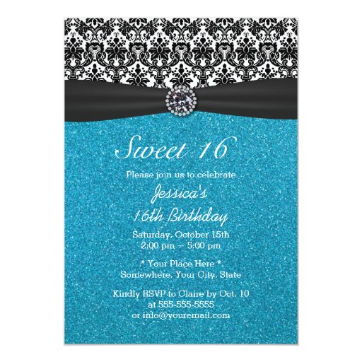 Chic Glitter Teal Black Ribbon & Damask Sweet 16 5x7 Paper Invitation Card (front side)