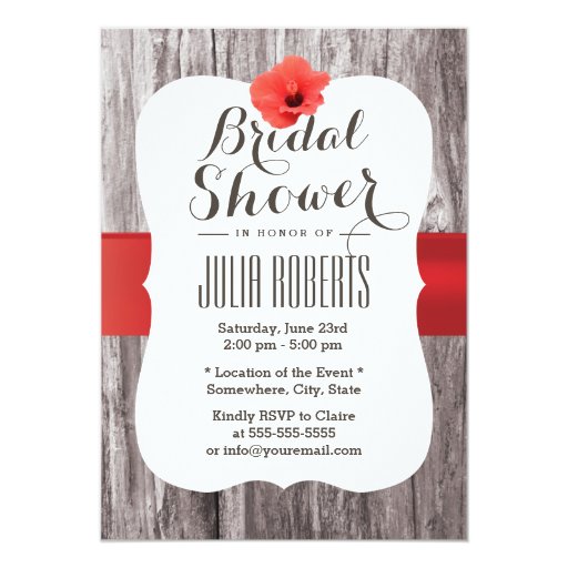 Tropical Red Hibiscus Wooden Bridal Shower 5x7 Paper Invitation Card