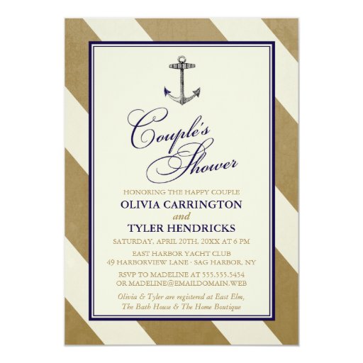 Elegant Nautical Navy & Gold Couple's Shower 5x7 Paper Invitation Card (front side)