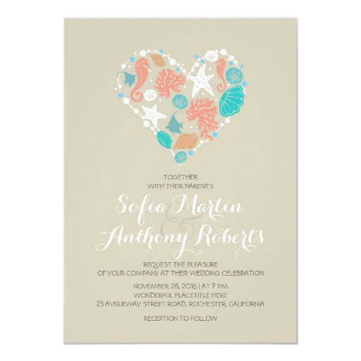 modern beach wedding invitation sea heart 5" x 7" invitation card