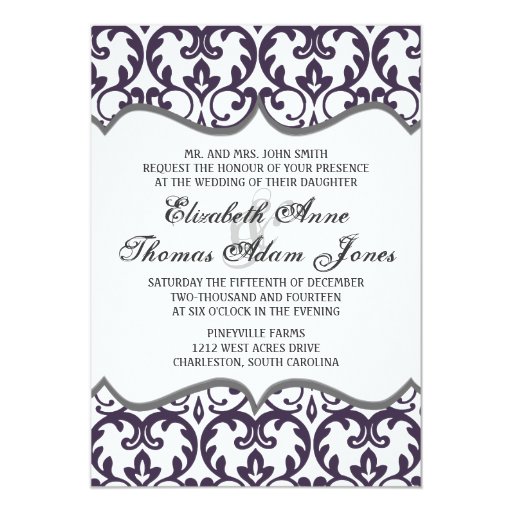 Elegant Plum Damask Heart Wedding Invitation 5" X 7" Invitation Card