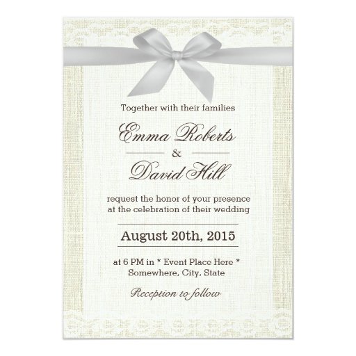 Elegant Silver Ribbon Lace & Linen Wedding 5x7 Paper Invitation Card