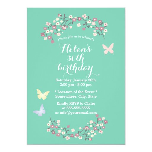 Spring Green Butterfly & Flowers Birthday Party 5x7 Paper Invitation Card