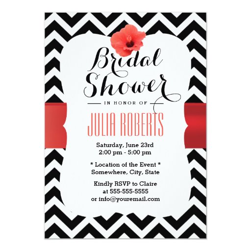 Elegant Chevron Red Hibiscus Bridal Shower 5x7 Paper Invitation Card