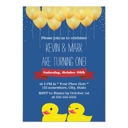 Royal Blue Balloons & Duck Twins Birthday 5x7 Paper Invitation Card (front side)