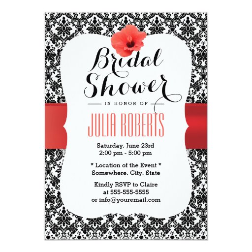 Elegant Damask Red Hibiscus Bridal Shower 5x7 Paper Invitation Card