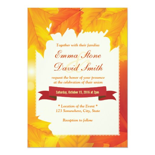 Elegant Maple Leaves Fall Wedding Invitations 5" X 7" Invitation Card (front side)