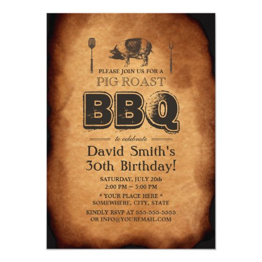 Vintage Old Paper Pig Roast BBQ Birthday Party 5x7 Paper Invitation Card (front side)