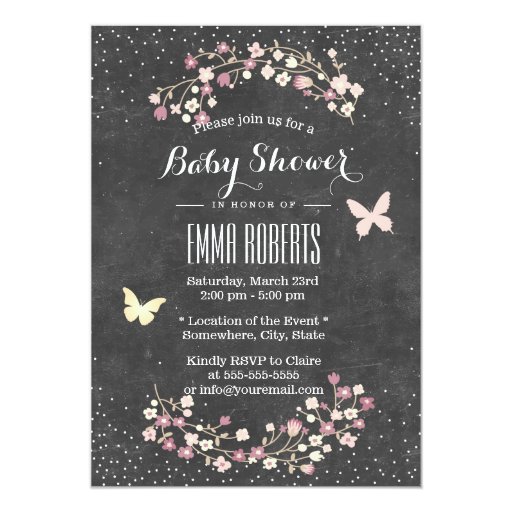 Vintage Chalkboard Butterfly & Flowers Baby Shower 5x7 Paper Invitation Card