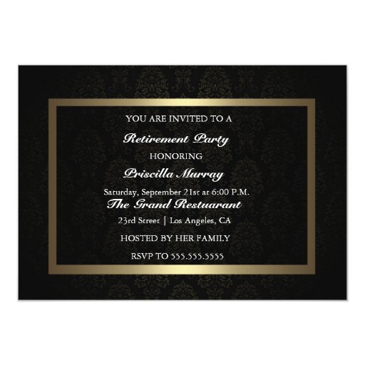 Elegant Vintage Black & Gold Retirement Party 5x7 Paper Invitation Card (front side)