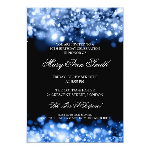 Elegant 60th Birthday Party Blue Sparkling Lights 5x7 Paper Invitation Card (front side)
