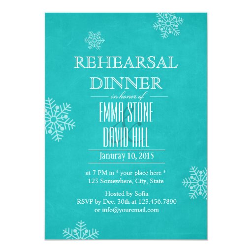 Chic Turquoise Snowflakes Wedding Rehearsal Dinner 5x7 Paper Invitation Card