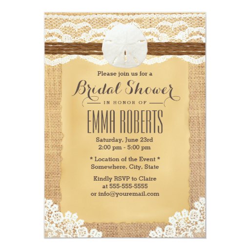 Rustic Sand Dollar & Twine Burlap Bridal Shower 5x7 Paper Invitation Card
