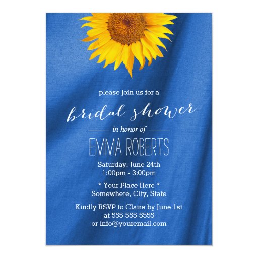 Sunflower Royal Blue Fabric Bridal Shower 5x7 Paper Invitation Card