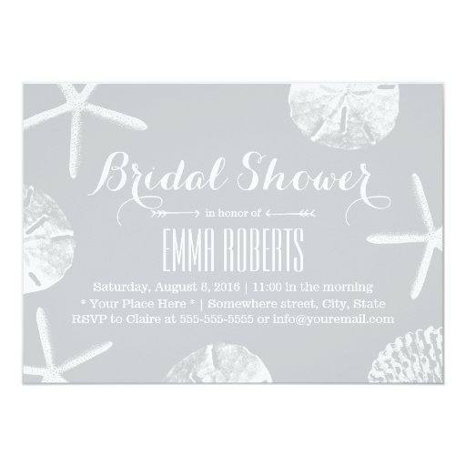 Modern Silver Beach Theme Seashells Bridal Shower 5x7 Paper Invitation Card (front side)