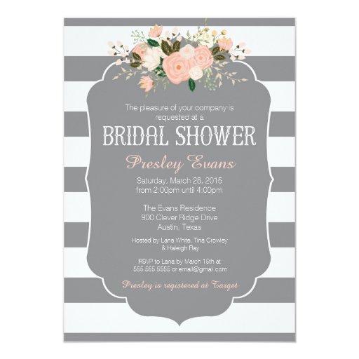 Bridal Shower Invitation, grey stripe peach floral 5" X 7" Invitation Card