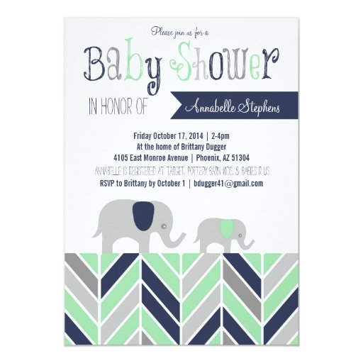 Chevron Elephant Baby Shower Invitation Navy Mint 5" X 7" Invitation Card
