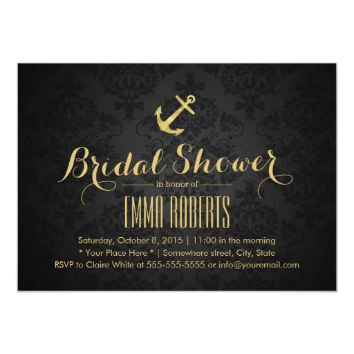 Classy Dark Damask Gold Anchor Bridal Shower 5x7 Paper Invitation Card