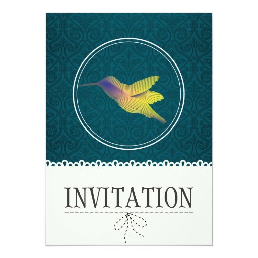 Classy Teal Damask Hummingbird Wedding Invitation 5" X 7" Invitation Card