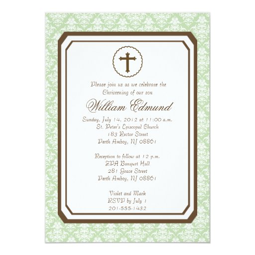 Neutral Elegant Christening Invitation - Green 5" X 7" Invitation Card (front side)