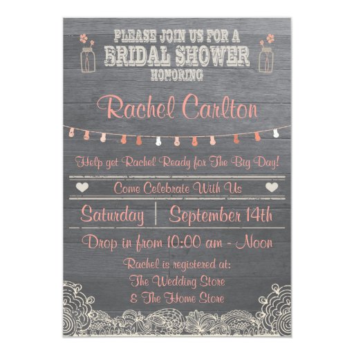 Rustic Mason Jar Bridal Shower Invitation Coral 5" X 7" Invitation Card (front side)