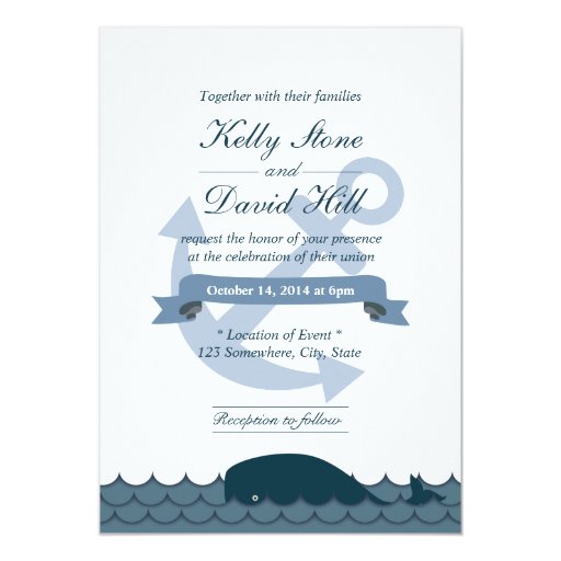 Nautical Anchor & Blue Whale Wedding Invitations 5" X 7" Invitation Card (front side)
