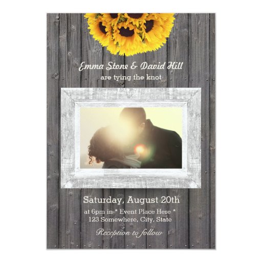 Rustic Sunflowers Weathered Wood Photo Wedding 5x7 Paper Invitation Card (front side)