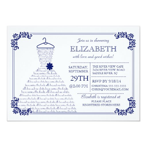 Modern Navy Blue Wedding Dress Bridal Shower 5x7 Paper Invitation Card