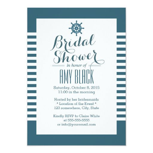 Nautical Rudder Blue Stripes Bridal Shower 5x7 Paper Invitation Card (front side)