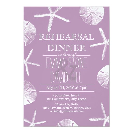 Classy Violet Beach Theme Wedding Rehearsal Dinner 5x7 Paper Invitation Card (front side)