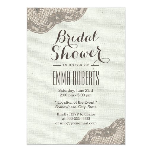 Vintage Dark Tan Lace Corner Burlap Bridal Shower 5x7 Paper Invitation Card