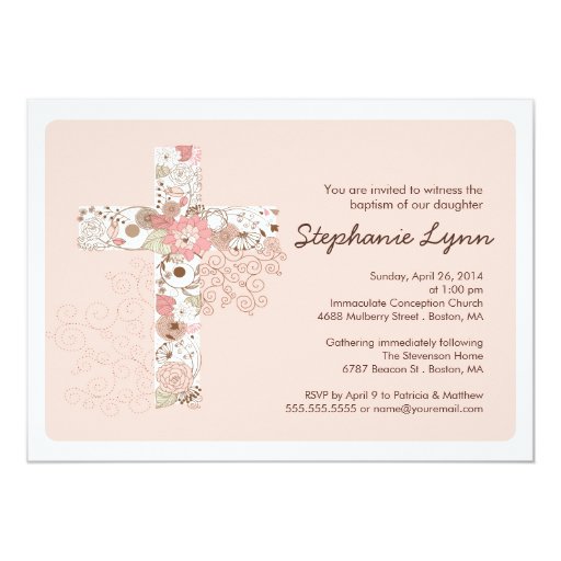 Modern Pink Floral Cross Girls Baptism Invitation 5" X 7" Invitation Card (front side)