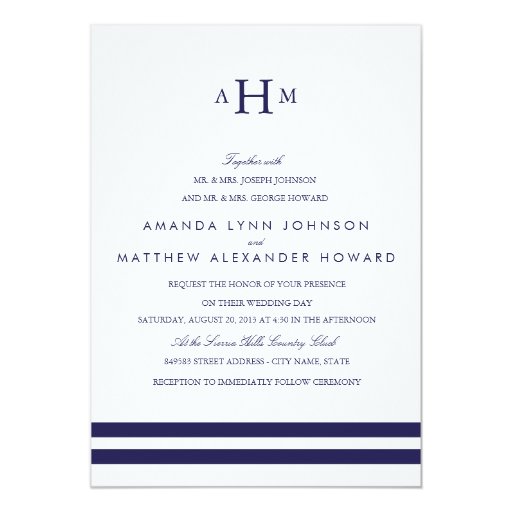 Navy Monogram Wedding Invitation 5" X 7" Invitation Card