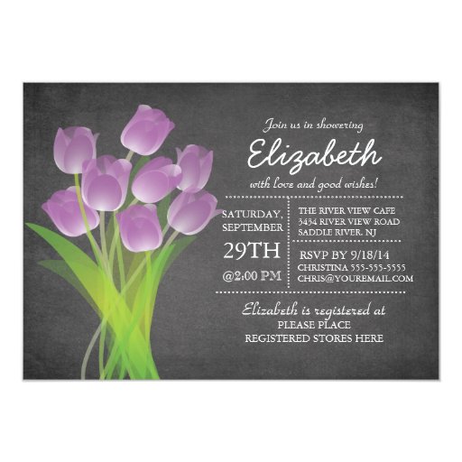 Modern Chalkboard Purple Tulip Bridal Shower 5x7 Paper Invitation Card (front side)