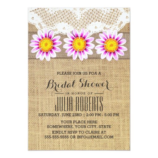 Classy Daisy Flowers Lace & Burlap Bridal Shower 5x7 Paper Invitation Card