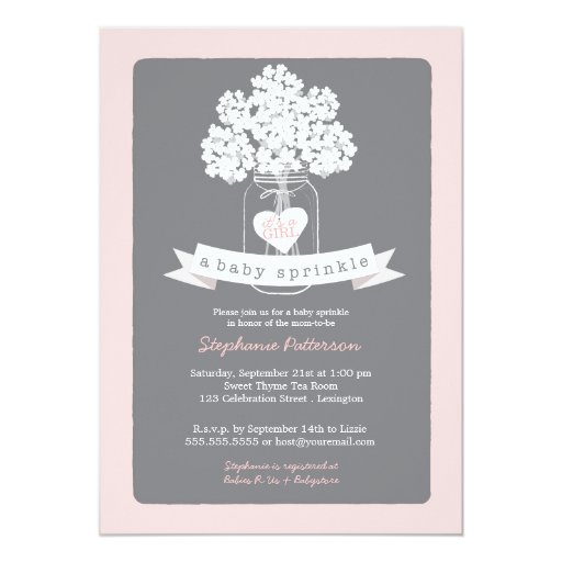Sweet Mason Jar Pink | Gray Baby Sprinkle 13 Cm X 18 Cm Invitation Card (front side)